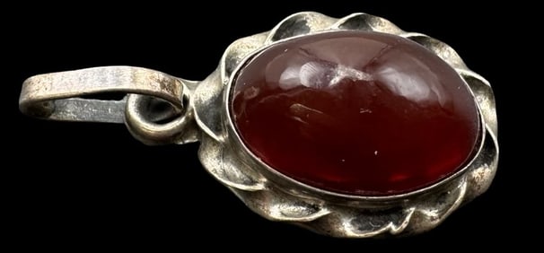 Ornate Vintage Sterling Silver & Red Gemstone Pendant