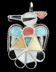 Vintage Native American Sterling Silver & Multi Color Gemstone Thunderbird Pendant