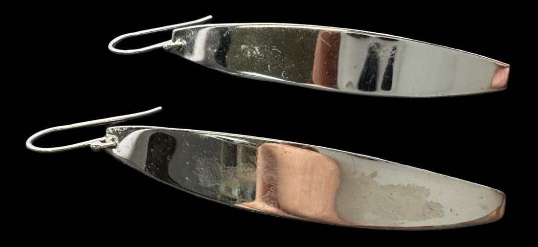 Stylish Vintage Sterling Silver Dangle Earrings: Very good vintage condition with minor patina according to age. Each measures approx. 2 1/4" long x 3/8" wide and they jointly weigh ca. 4.9 grams. Marked for Sterling Silver.