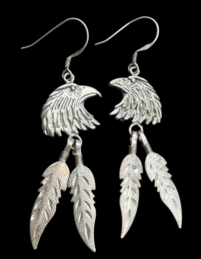 Vintage Native American Sterling Silver Eagle Head & Feather Earrings (1 of 2)