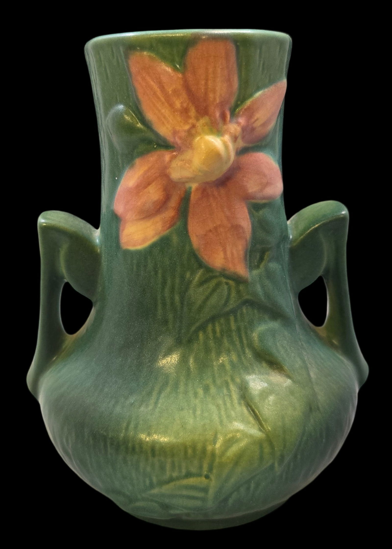 Vintage ROSEVILLE Art Pottery CLEMATIS Green Ceramic Vase: Very good vintage condition with minor wear according to age, please see pictures. No cracks or repairs. Measures approx. 7" high x 5" wide. Marked.