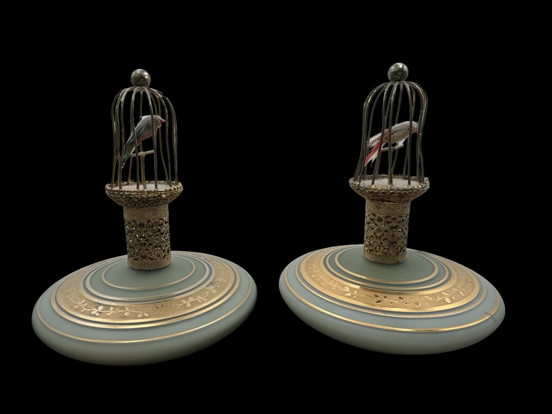 Rare Pair of Vintage IRVING W. RICE & CO. INC. Perfume Bottles /w Birdcage Lids: Very good vintage condition. no chips, cracks, or repairs. Each measures approx. 6 1/2" high x 5" in diameter. Original Sticker"IRVING W. RICE & CO.INC. NYC Made in West Germany".