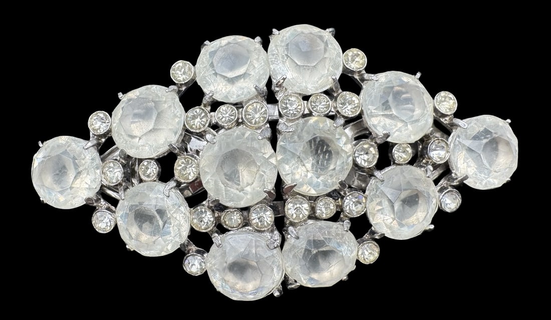 Rare Vintage 1940s CORO DUETTE Custome Jewelry Rhinestone Cluster Brooch: Very good antique condition with minor patina according to age. Measures approx. 3" high and 1 5/8" wide and weighs ca. 28.4 grams. Marked for