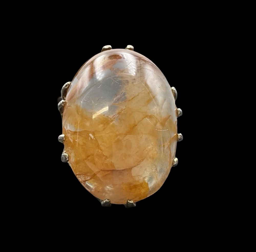 Vintage Costume Jewelry Ring /w Brown Quartz: Very good vintage condition with minor patina according to age. The brown quartz measures approx. 1 1/8" long x 3/4" wide. The ring is a size 6.