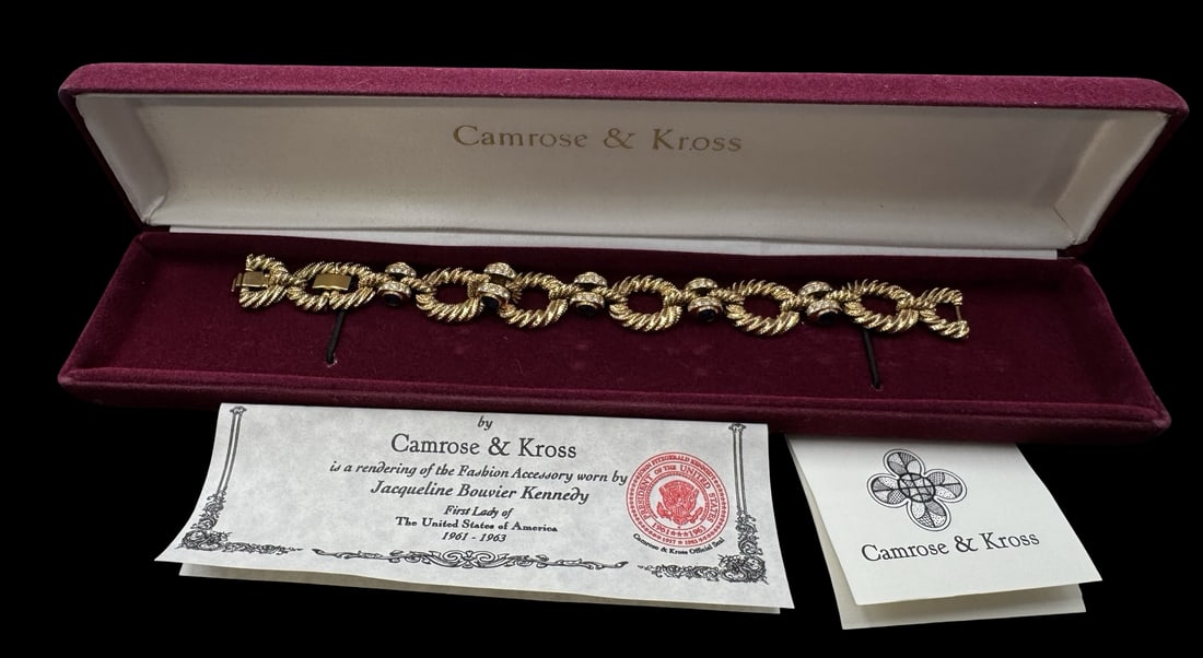 Beautiful Vintage CAMROSE & KROSS Gold-Tone & Clear/Blue Rhinestone Costume Jewelry Bracelet: Very good vintage condition with minor patina according to age. Measures approx. 8" long and 5/8" wide.