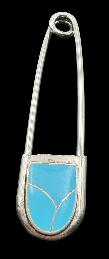 Vintage N. LEE Native American Navajo Sterling Silver & Turqouise Extra Large Safety Pin Brooch (1 of 3)