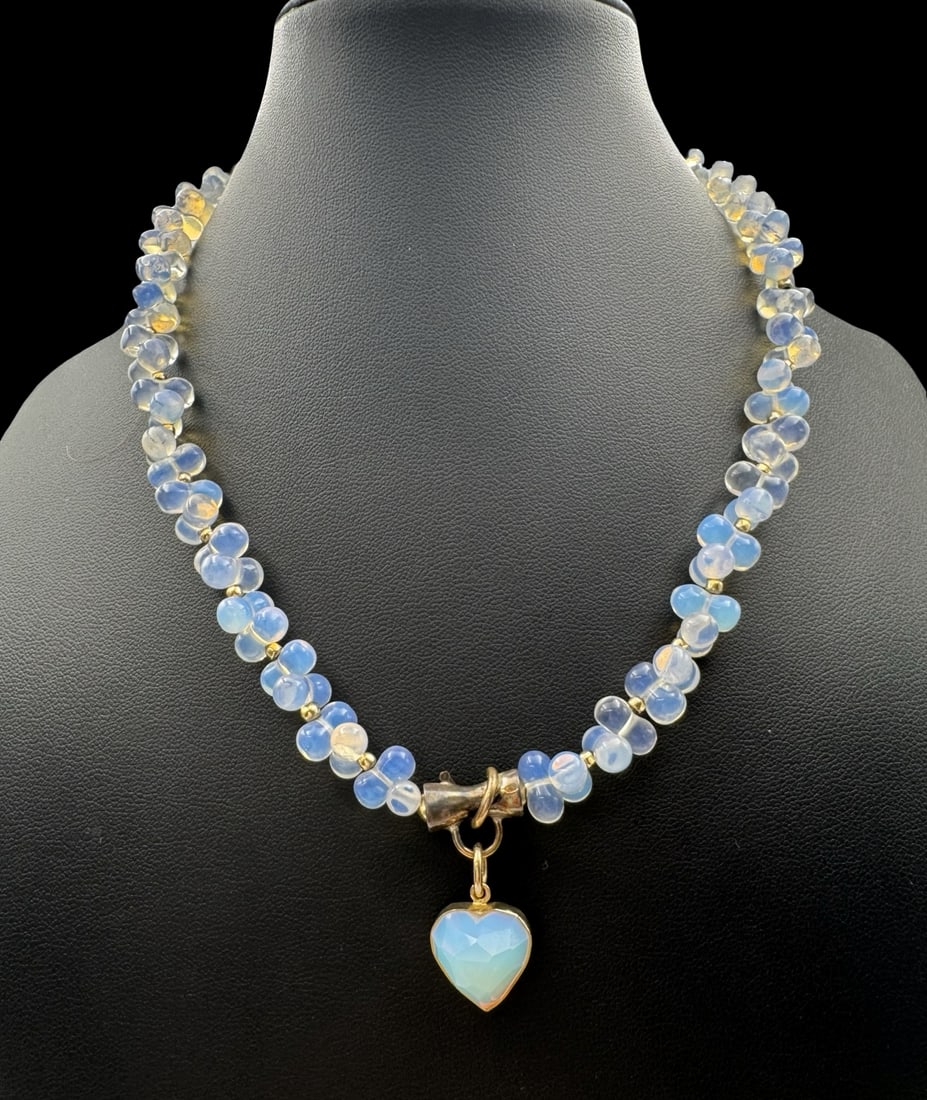 Very Unusual Vintage 14K Gold Plated Moonstone Necklace /w Heart Pendant: Very good vintage condition with minor patina according to age. Pendant measures approx. 1" long x 1/2" wide & total weight is ca. 43.6 grams. Necklace is approx. 17" long.