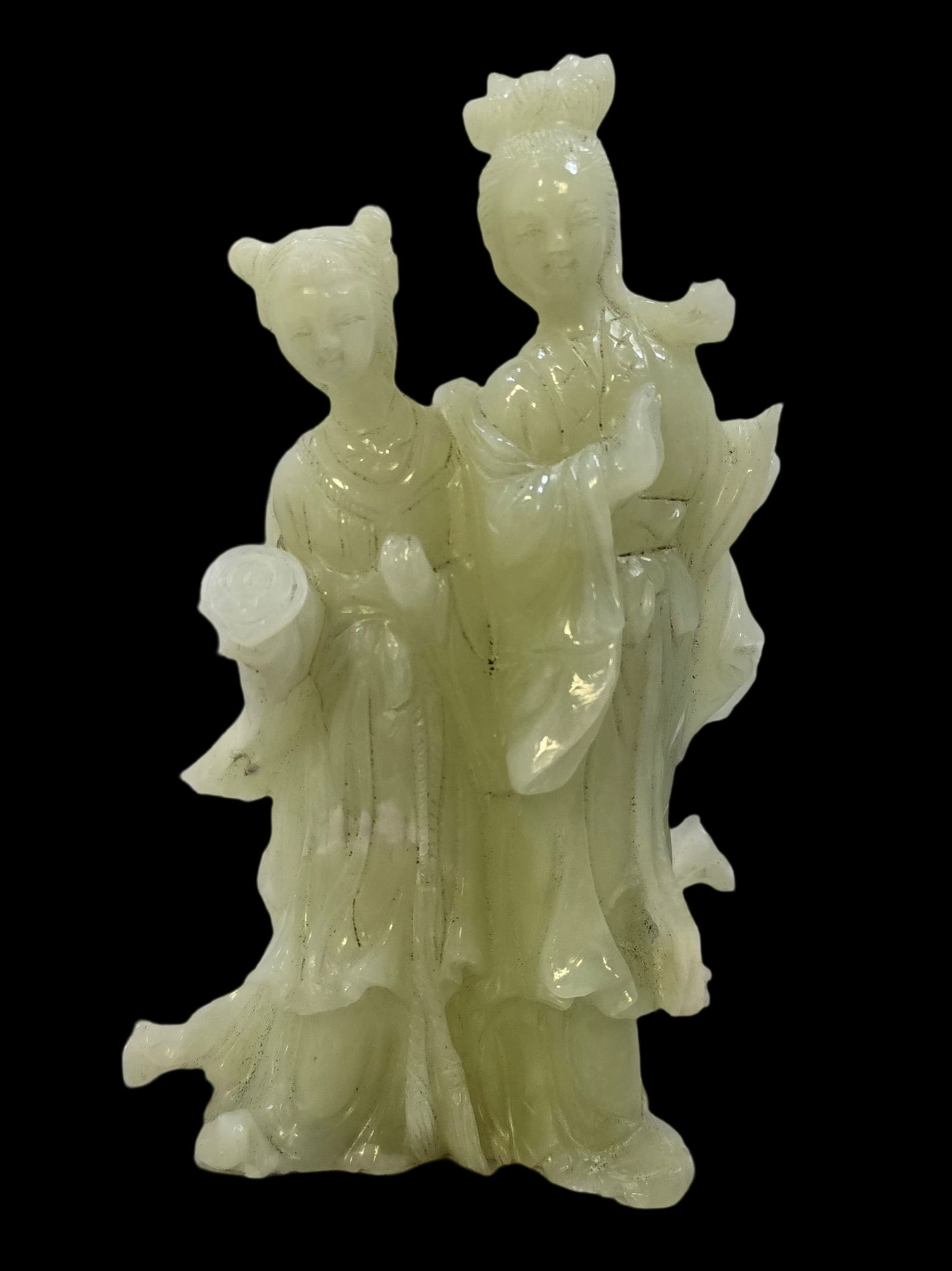 Vintage Asian Hand Carved Jadeite Figurine: Very good vintage condition with some patina according to age, please see pictures. Measures approx. 8" high x 5" wide.