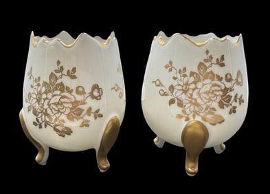 Vintage LIMOGES France Hand Painted Porcelain Egg Vessels /w Gold Trim