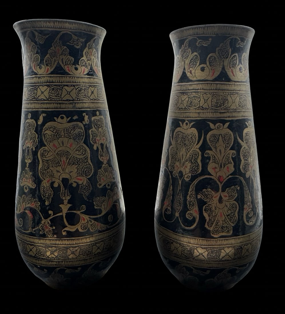 Antique Pair of Hand Engraved/Chased Indian Brass & Black Enamel Vases (1 of 3)