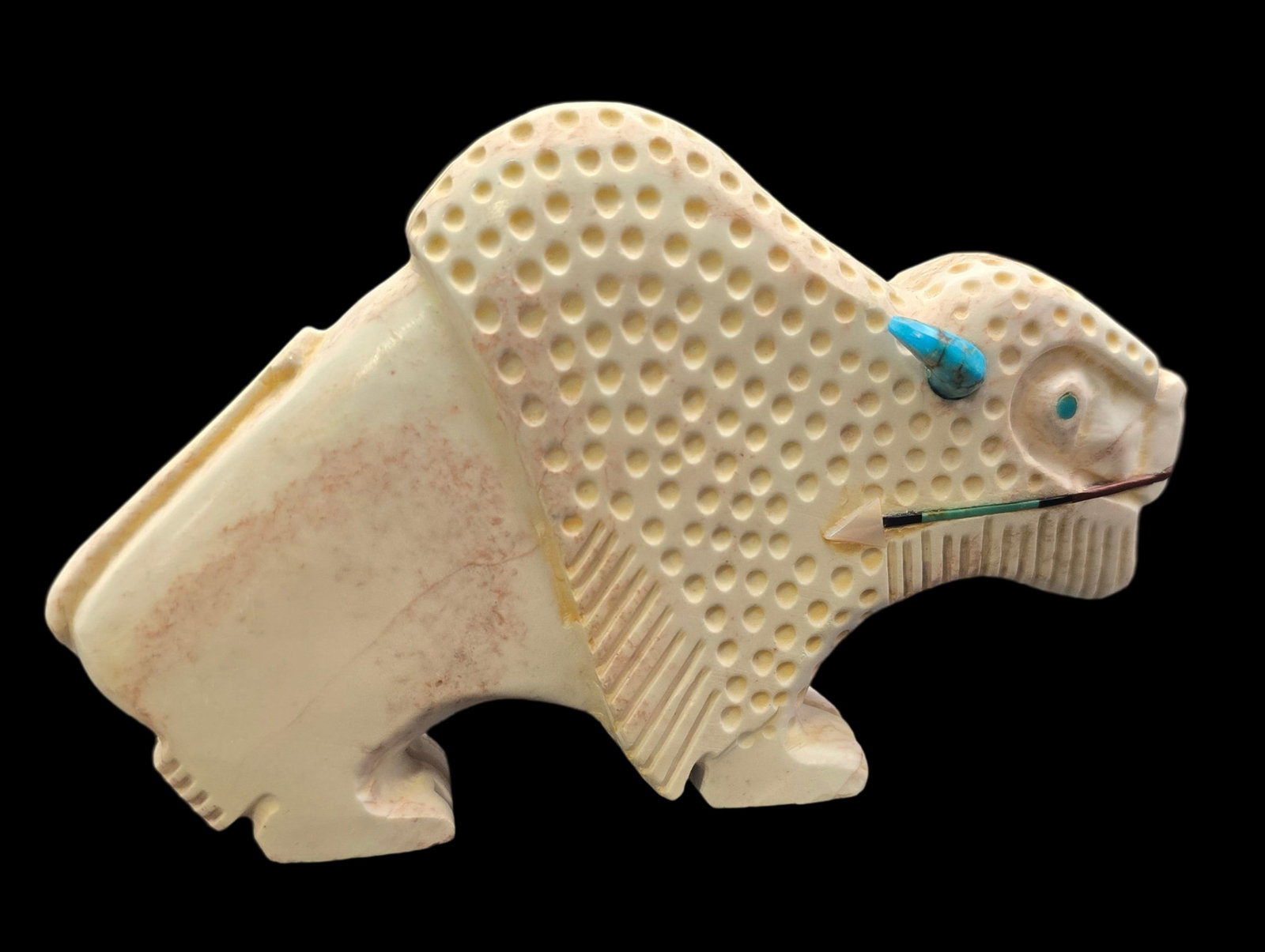 Vintage Native American Zuni Hand Carved & Inlaid Stone Buffalo Fetish: Very good vintage condition with minor wear according to age, please see pictures; one natural hairline crack; no missing pieces or repairs. Measures approx. 6 1/2" long x 4" high.