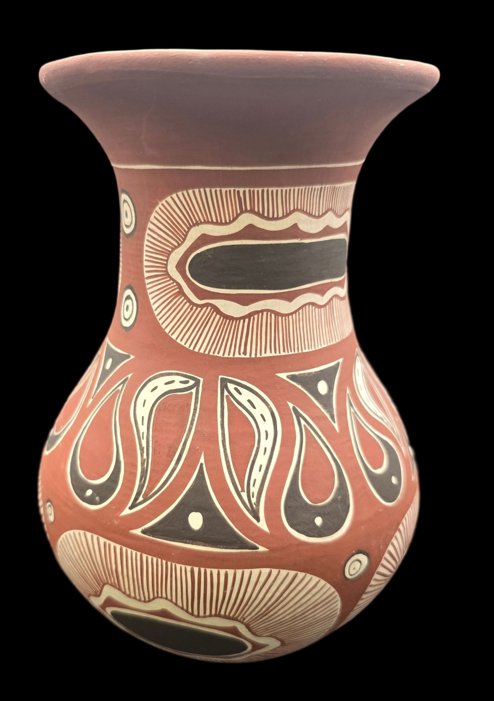 Ornate Vintage Southwestern Native American Pottery Jar: Very good vintage condition with minor wear according to age, please see pictures. No cracks or repairs. Measures approx. 8" high x 5" wide.