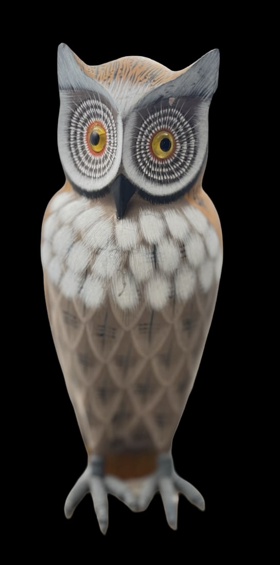 Vintage Hand Carved & Painted Wood Owl: Very good vintage condition. No chips, cracks, or repairs. Measures approx. 9" high x 3 3/4" wide.