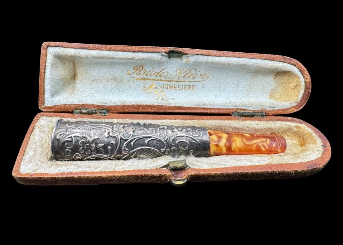 Ornate Antique European 800 Silver & Amber Cigarette Holder in Orginal Box (1 of 9)