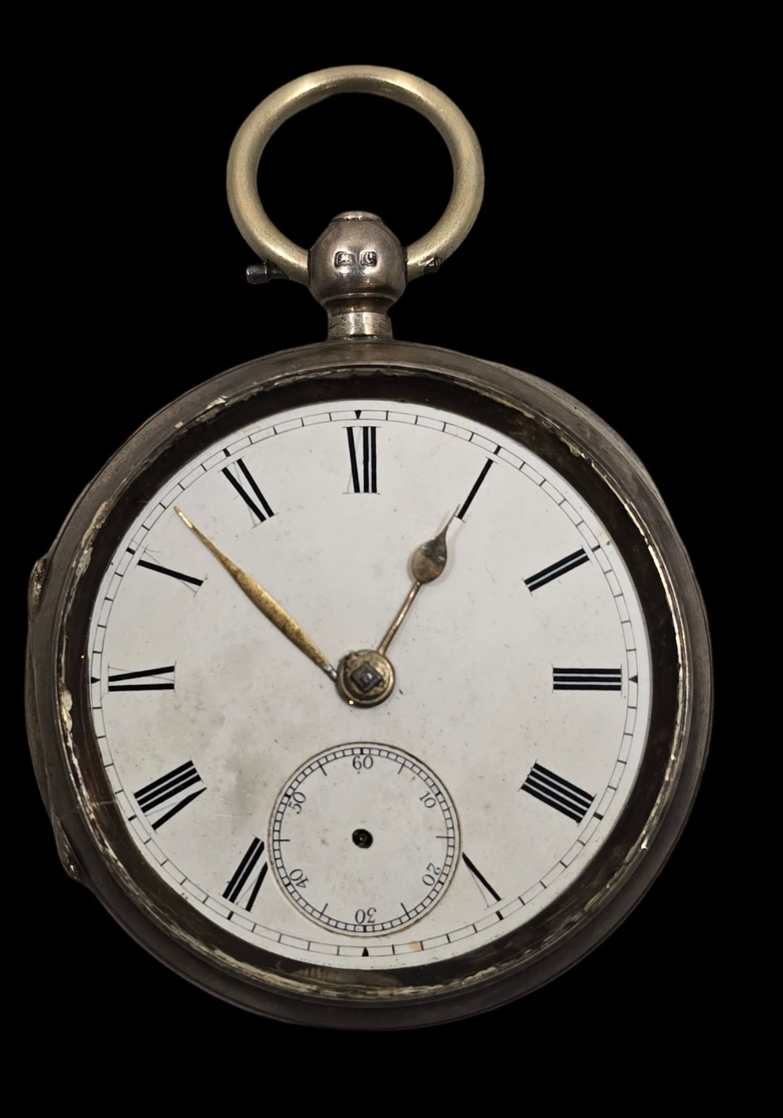 Antique 1850s English Sterling Silver Pocket Watch: Good antique condition with wear according to age and use, please see pictures; doesn't work. Measures approx. 2" wide x 3" high and weighs ca. 114 grams. Marked.