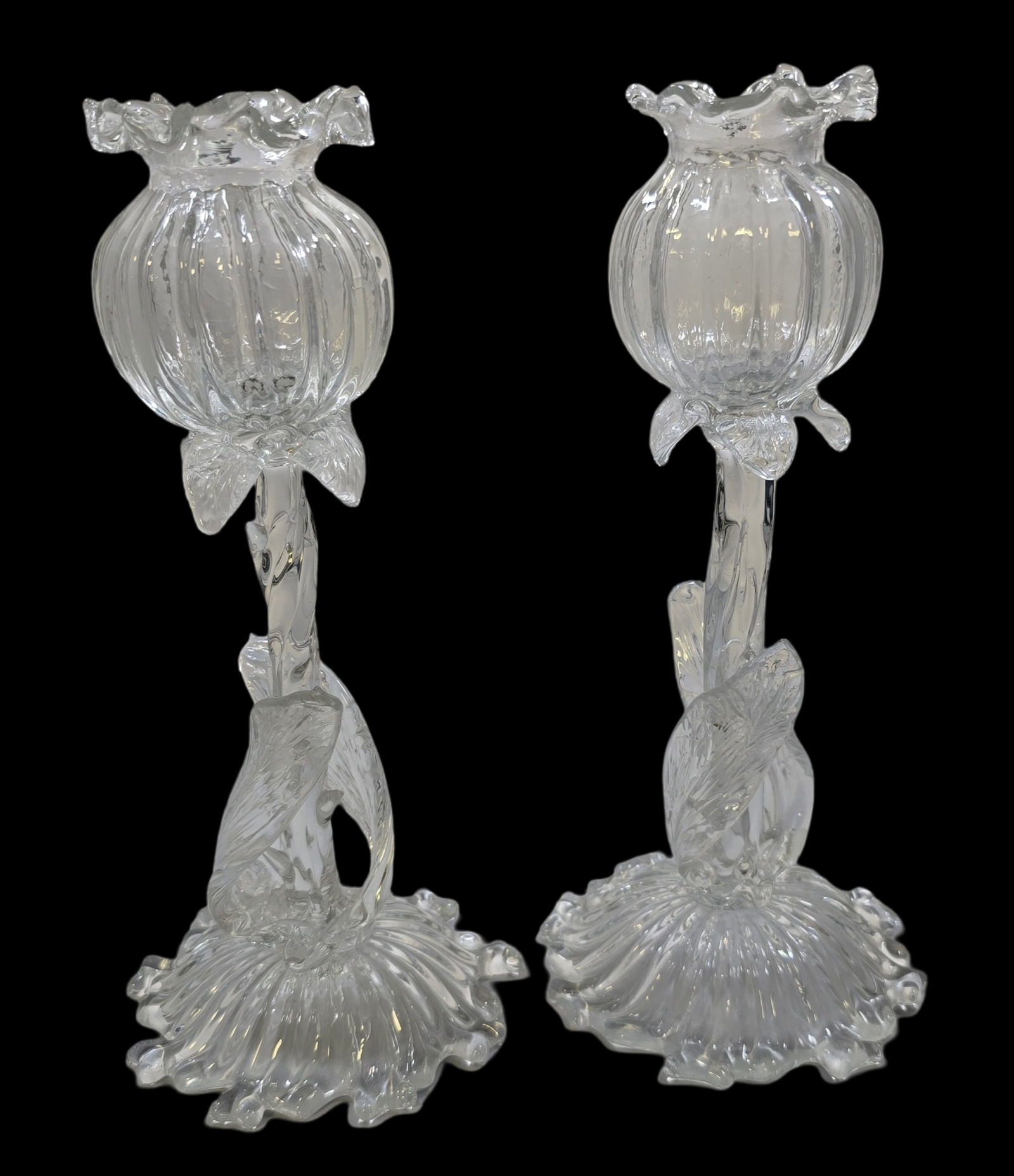 Unusual Pair of Vintage Signed Italian Murano Art Glass Floral Vases (1 of 7)