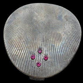 Stylish Vintage ca. 1940 Art Deco Sterling Silver & Pink Gemstone Powder Compact Mirror Case