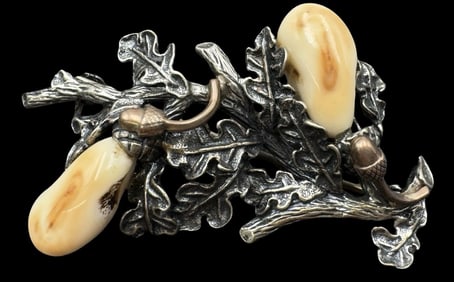 Ornate Antique German 835 Silver Hunting Brooch & Oak Leaf Design and Genuine Deer Teeth