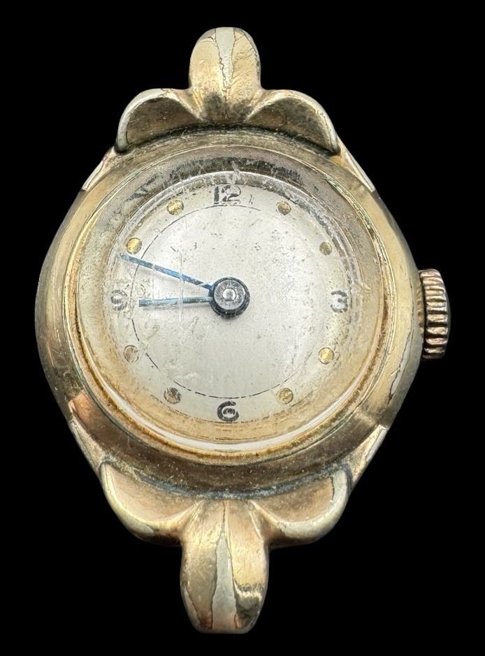 Vintage Gilt Silver Metal Ladies Watch: Very good vintage condition with minor patina according to age. Measures approx. 1 " long and 5/8" wide & weighs ca. 7 grams. SHIPPING: We ship in-house and charge a flat fee of $12 for any order of 5