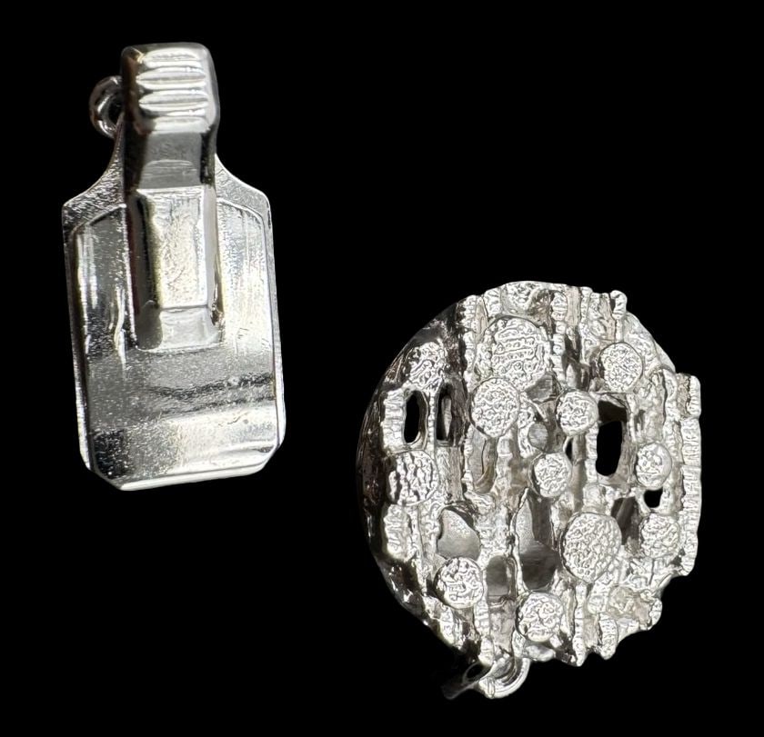 Vintage Mid-Century Modern Brutalist Sterling Silver Necklace Clasp: Very good vintage condition with minor patina according to age. Measures approx. 3/4 " long and 1/2" wide & weighs ca. 2.5 grams. Marked and tested for (Sterling) Silver. SHIPPING: We ship in-house an