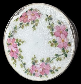 Antique Art Nouveau 950 Silver & Guilloche Enamel & Hand Painted Flower Design Pill or Trinket Box