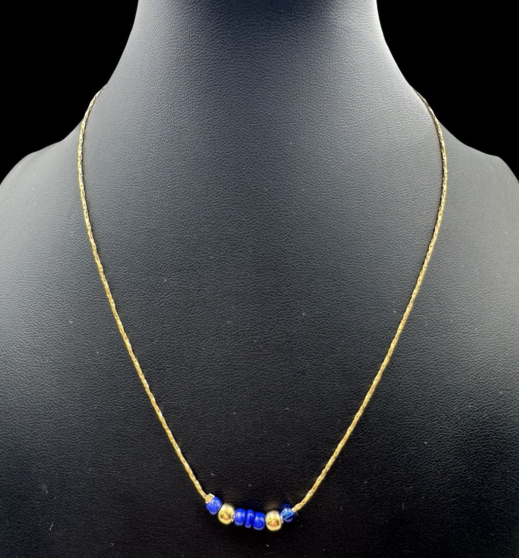 Vintage 18K Gold Filled Necklace & Blue Beads: Very good vintage condition with minor patina according to age. Measures approx. 18 " long and 1/16 " wide & weighs ca. 3.4 grams. Marked "18K Gold Filled". SHIPPING: We ship in-house and charge a fla