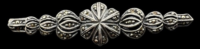 Ornate Vintage Sterling Silver & Marcasite Bar Brooch