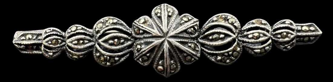 Ornate Vintage Sterling Silver & Marcasite Bar Brooch: Very good vintage condition with minor patina according to age. Measures approx. 2" long and 1/2" wide & weighs ca. 5.3 grams. Marked for Sterling Silver. SHIPPING: We ship in-house and charge a flat