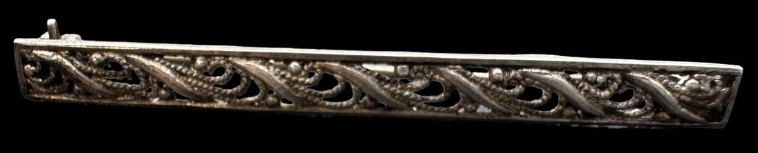 Ornate Vintage European 835 Silver Filigree Bar Brooch: Very good vintage condition with minor patina according to age. Measures approx. 2 " long and 1/8" wide & weighs ca. 2.2 grams. Marked for 835 Silver. SHIPPING: We ship in-house and charge a flat fee