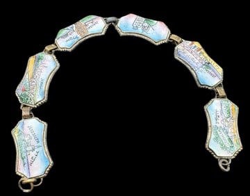 Vintage Silver Metal & Enamel Jerusalem Israel Panel Bracelet