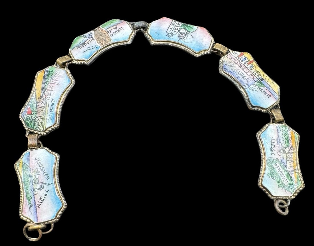Vintage Silver Metal & Enamel Jerusalem Israel Panel Bracelet: Very good vintage condition with minor patina according to age. Measures approx. 6 " long and 1/2" wide & weighs ca. 12.5 grams. One Part have Crack. SHIPPING: We ship in-house and charge a flat fee o