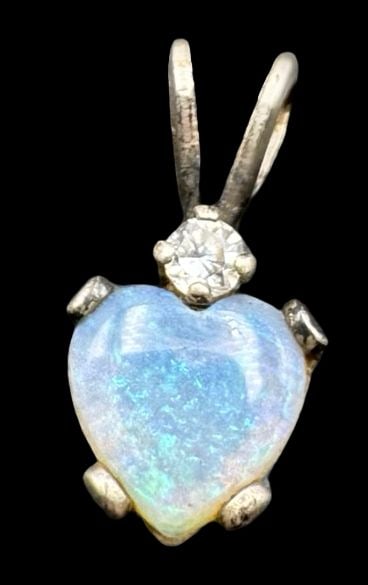 Vintage Sterling Silver, Opal & Clear Gemstone Heart Pendant: Very good vintage condition with minor patina according to age. Measures approx. 1/2 " long and 1/4" wide & weighs ca. 0.4 grams. Marked for Sterling Silver. SHIPPING: We ship in-house and charge a fl