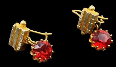 Vintage Gold-Tone Metal & Red Gemstone Earrings