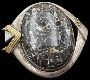 Vintage ENDERLE Partially Gilt Sterling Silver, Clear Gemstone & Polished Fossil Cabochon Pendant