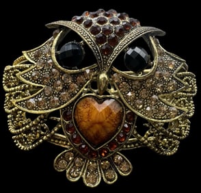 Unusual Vintage Gold-Tone Metal Filigree Work & Multicolor Gemstone Owl Bracelet