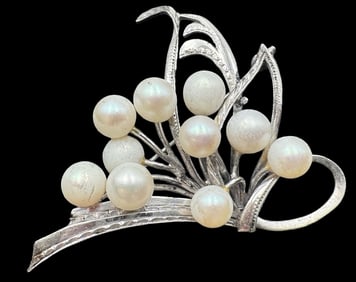 Vintage Rhodium Plated Sterling Silver Pearl Brooch