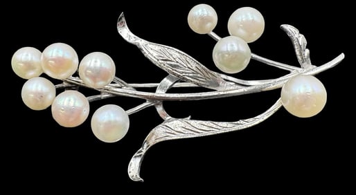 Vintage Rhodium Plated Sterling Silver Pearl Brooch
