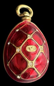 Vintage Gold-Tone Metal, Red Enamel & Clear Gemstone Egg Pendant
