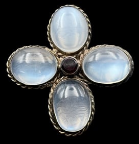 Ornate Vintage Art Nouveau Sterling Silver, Moonstone & Red Gemstone Brooch