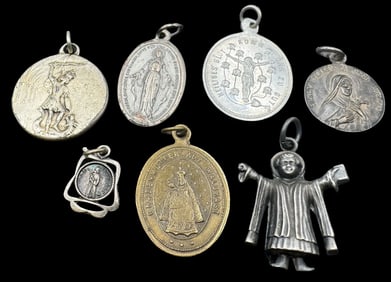 Lot of 7 Vintage Silver Metal Religious Pilgrim's Pendants