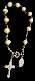 Antique Italian Silver Metal & Pearl Rosary /w Crucifix and Pilgrim's Medal