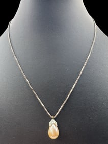 Vintage Sterling Silver Necklace &/w Clear Gemstone & Pearl Pendant