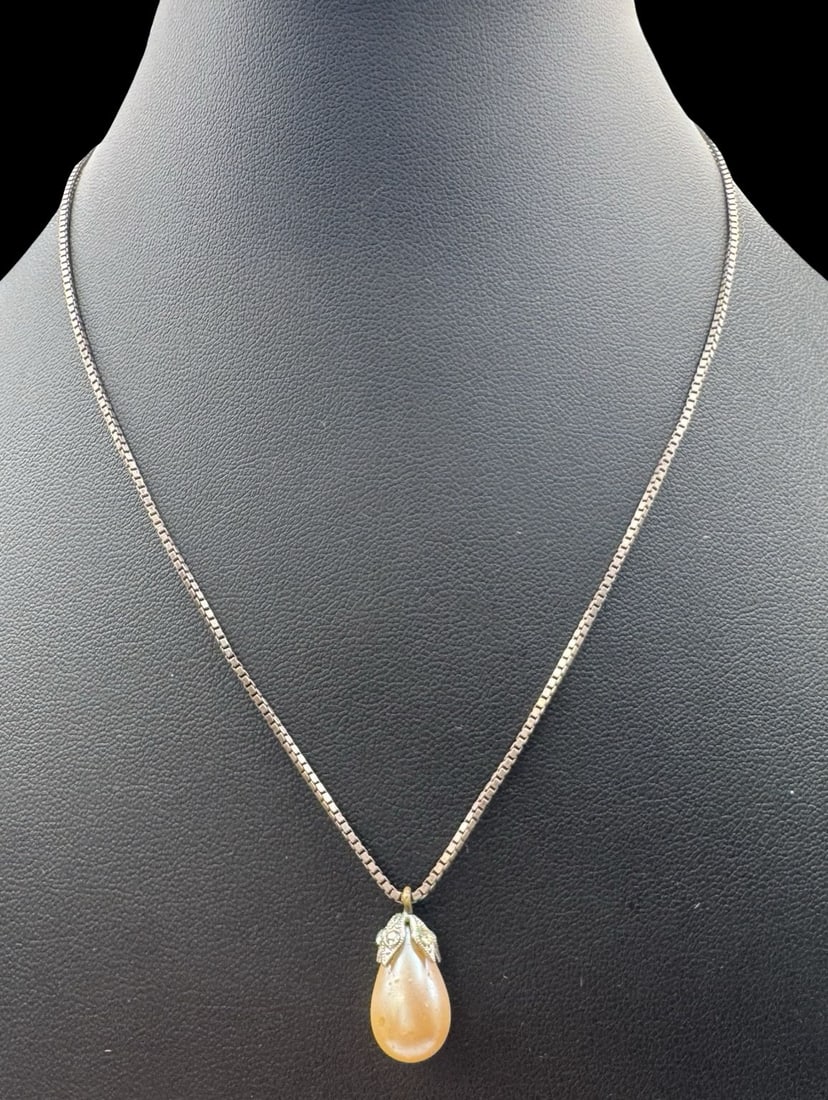 Vintage Sterling Silver Necklace &/w Clear Gemstone & Pearl Pendant (1 of 4)