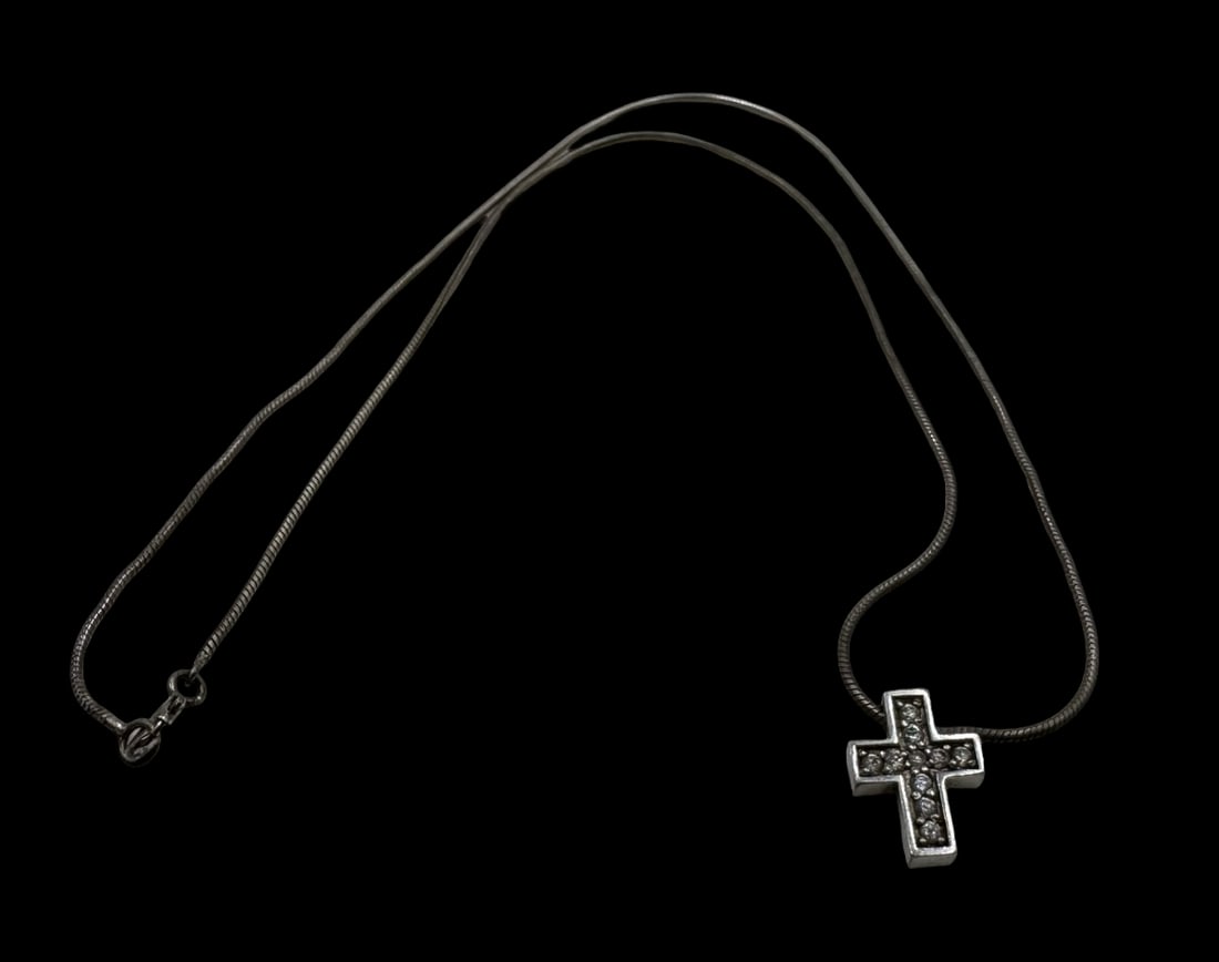 Vintage Sterling Silver & Rhinestone Religious Cross Pendant Necklace: Very good vintage condition with minor patina according to age. Measures approx. 1/2" high x 1/2" wide (Pendant) / 17" long (Necklace) and weighs ca. 6.4 grams. Marked. SHIPPING: We ship in-house and 