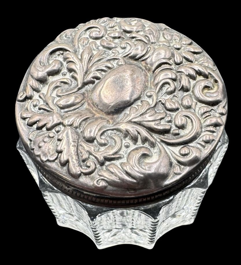 Ornate Antique Art Nouveau Hand Cut Crystal & Sterling Silver Trinket, Pill Box or Inkwell (1 of 5)