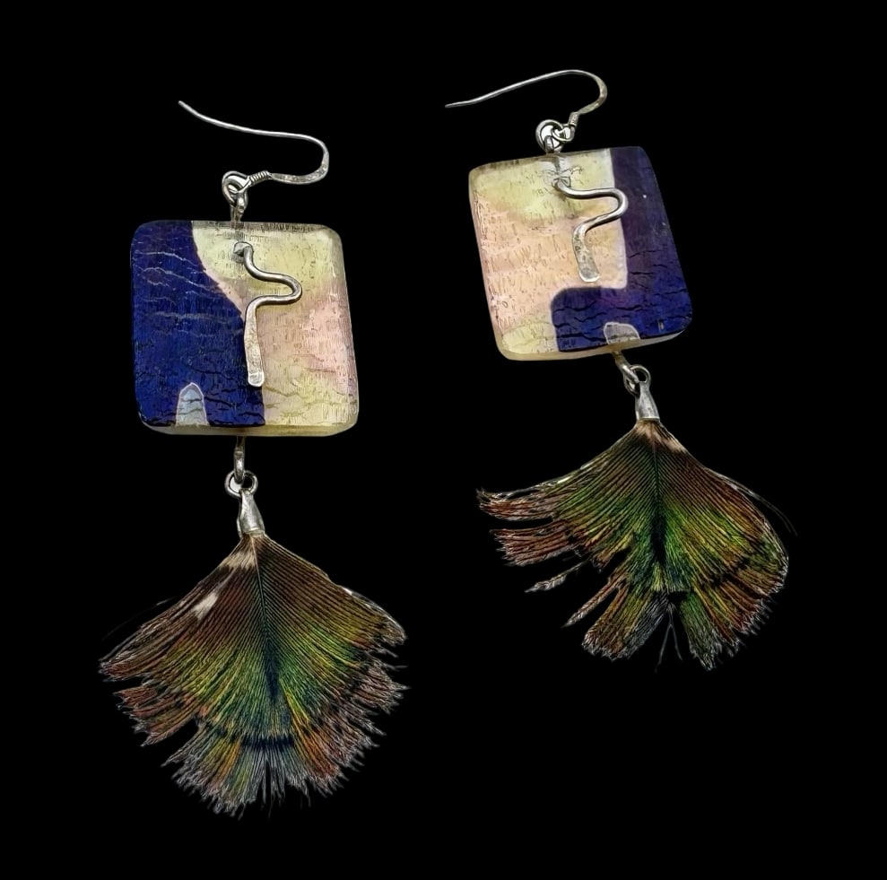 Very Unusual Vintage Sterling Silver, Art Glass & Feather Earrings: Very good vintage condition with minor patina according to age. Each measures approx. 3" long x 3/4" wide and they jointly weigh ca. 11.9 grams. Marked for Sterling Silver. SHIPPING: We ship in-house 