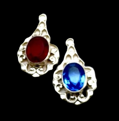 Very Unusual Pair of Vintage European 800 Silver Pendants with Red & Blue Gemstones: Very good vintage condition with minor patina according to age. Each measures approx. 1" long x 1/2" wide and they jointly weigh ca. 2.7 grams. Tested for 800 (80%) silver. SHIPPING: We ship in-house 