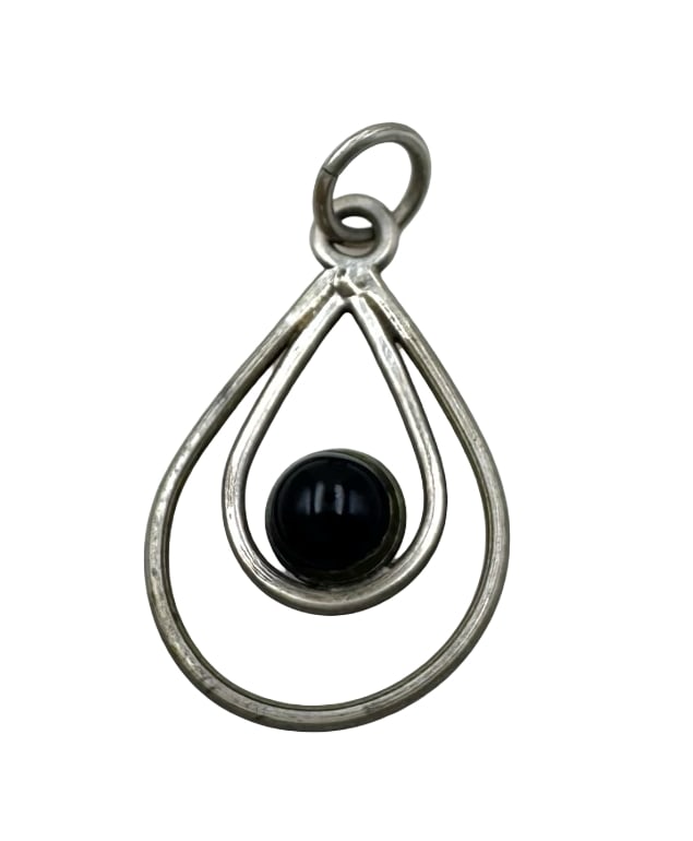 Beautiful Vintage Sterling Silver & Black Gemstone Drop Shape Pendant: Very good vintage condition with minor patina according to age. Measures approx. 1 2/8" long x 3/8" wide and weighs ca. 2 grams. Marked for Sterling Silver. SHIPPING: We ship in-house and charge a fla