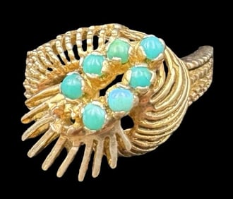 Ornate Vintage 14K Gold & Turquoise Filigree Ring
