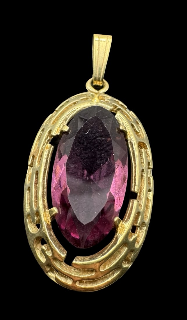 Ornate Vintage KORDES & LICHTENFELS Germany Gilt Metal & Purple Gemstone Pendant: Very good vintage condition with minor patina according to age. Measures approx. 1 1/2" long and 3/4" wide & weighs ca. 3.4 grams. Marked. SHIPPING: We ship in-house and charge a flat fee of $12 for a